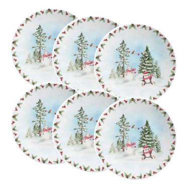 Imagem de Conjunto De 6 Pratos Sobremesa Cerâmica Decorado Natal Snow 21cm Allea