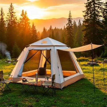 Imagem de Barraca de Camping 2-4 Pessoas Impermeável Automática com Mosquiteiro, ComVobertura e proteção solar Camping Equipamentos, Dobrável (Bege)