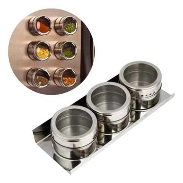 Imagem de Porta Temperos Condimento 3 Potes Aço Inox Magnético Cozinha Geladeira
