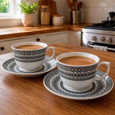 Imagem de Xícara com Pires Flamingo Sense para Café e Chá em Porcelana Resistente a Micro-ondas e Lava-louças Kit 8 Peças Branco
