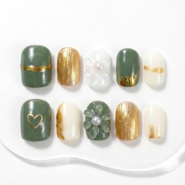 Imagem de Unhas Postiças Sun&Beam Feitas à Mão Quadradas Curtas Verdes - Sun&Bea