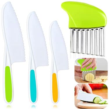 Imagem de TAORISH Conjunto de 4 facas de plástico infantis, facas de cozinha seguras para crianças, cortador de enrugamento, bordas serrilhadas para cortar frutas, pão, bolo, alface