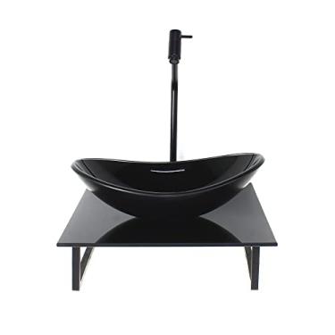 Imagem de KIT CUBA DE VIDRO OVAL 10MM COM TAMPO DE VIDRO 40CM X 40CM PRETO FULL E SUPORTE PRETO