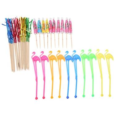 Imagem de Guarda-chuvas de bebida de coquetel, estilo tropical, cores brilhantes guarda-chuvas de bebida com palitos de borla, guarda-chuvas de bebida de padrão requintado para festa de restaurante em casa