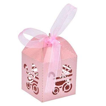 Imagem de Caixa de presente para meninas de chá de bebê, caixa de presente de carruagem a laser Bomboniere Candy Box rosa (50 peças)