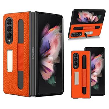 Imagem de KIHUWEY Capa de couro legítimo para Galaxy Z Fold 3 5G, capa de couro legítimo com suporte de proteção total fina à prova de choque compatível com Samsung Galaxy Z Fold3 2021 - Laranja