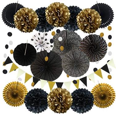 Imagem de ZERODECO decoração de festa, 21 peças de ventiladores de papel para pendurar, flores de pompons de pompons, flores de cordão de guirlanda bolinhas e bandeiras triangulares para festas de aniversário, Preto