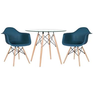 Imagem de Loft7, Mesa redonda Eames com tampo de vidro 90 cm + 2 cadeiras Eiffel DAW Azul petróleo