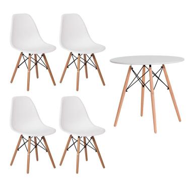 Imagem de Conjunto Kit 4 Cadeiras Eiffel Eames Branca + 1 Mesa Eames 80cm Branca Base Madeira Sala Cozinha