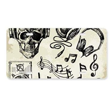 Imagem de DIYthinker Fone de ouvido de caveira com estampa de instrumento musical, placa de licença decoração de aço inoxidável para automóvel