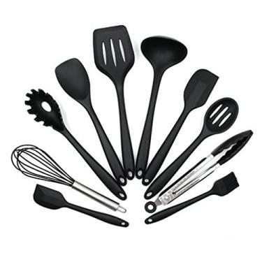 Imagem de Kit Colheres Silicone vermelho Cabo Inox 10 Peças Utensílios C21 (Preto)