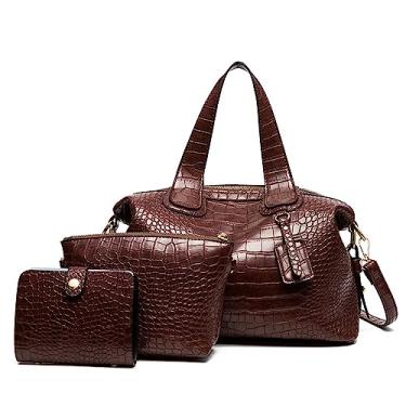 Imagem de Bolsa feminina conjunto de carteira de couro com estampa de crocodilo bolsa grande feminina alça superior bolsa transversal, Marrom