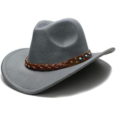 Imagem de Chapéus De Cowboy De Feltro Chapéu De Cowboy Ocidental Para Criança Aba Larga Trançado De Cowgirl Pulseira De Couro,Cinza,Um Tamanho,YUYANAIAI