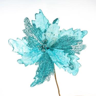 Imagem de Flor Decoração De Natal Artificial Glitter Azul 30cm