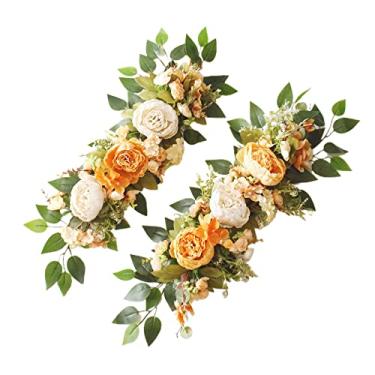 Imagem de 2 peças de flores de arco de casamento, flor de peônia artificial com folhas verdes, arranjo floral para mesa coração centro de mesa decoração de cerimônia recepção de pano de fundo (laranja)