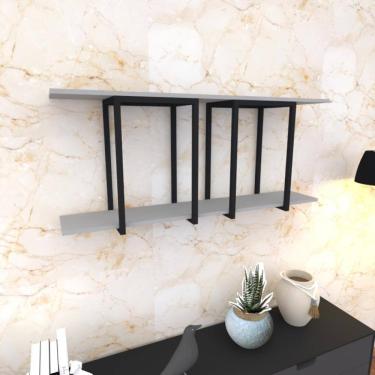 Imagem de Prateleira Industrial Suspensa Estante Parede Nicho Cinza Ferro E Madeira Suporte Pratileira