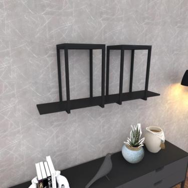 Imagem de Prateleira Industrial Suspensa Estante Parede Nicho Preto Ferro E Madeira Suporte Pratileira