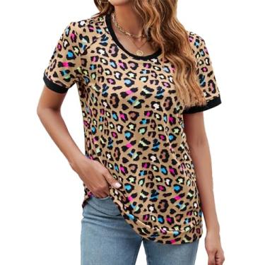 Imagem de Camiseta de Verão, Ajuste Solto Feminino Manga Curta Estampa de Leopardo Camiseta Tripulação Respirável Elegante para Senhora para Uso Doméstico (L)