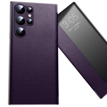 Imagem de PuRoxx Capa flip para Samsung Galaxy S23 Ultra/S23 Plus/S23, capa protetora ultrafina de couro genuíno HD para negócios de luxo com janela de visualização inteligente, roxo, S23 Ultra