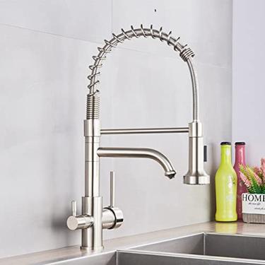Imagem de Torneira de cozinha cromada moderna, filtro giratório, dispositivo de água pura, misturador de água quente e fria, torneira de cozinha de primavera, instalação de deck, níquel escovado C