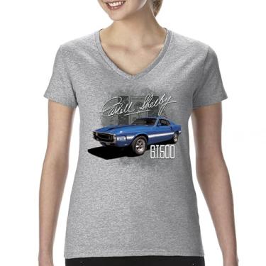 Imagem de Camiseta feminina Cobra Shelby azul vintage GT500 gola V American Racing Mustang Muscle Car Performance Powered by Ford Tee, Cinza, GG