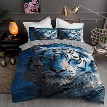 Imagem de Jogo de cama com estampa de tigre branco California King, azul, conjunto de 3 peças, capa de edredom de microfibra macia 264 x 248 cm e 2 fronhas, com fecho de zíper e laços