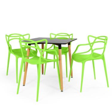 Imagem de Conjunto Mesa de Jantar Quadrada Eiffel Preta 80x80cm com 4 Cadeiras Allegra - Verde