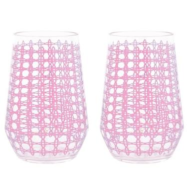 Imagem de Lilly Pulitzer Conjunto de 2 taças de vinho sem haste, taças de vinho de acrílico grandes, copos de coquetel de plástico de 623 g para uso interno/externo, concha de concha rosa