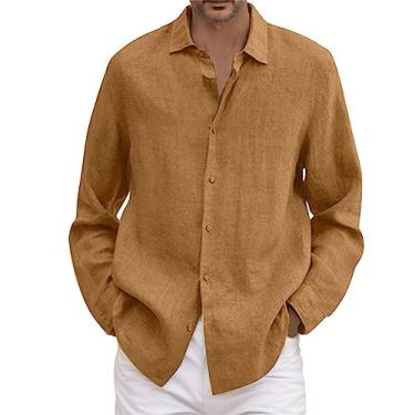 Imagem de Camisa masculina de verão lisa casual plus size solta camisa masculina manga longa macacão de dormir, Caqui, Large