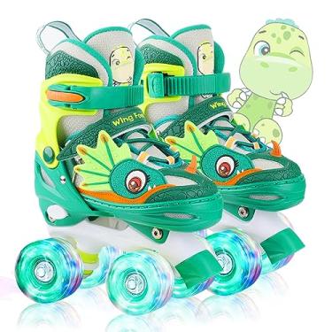 Imagem de Patins infantis Dino Kids para meninos e meninas, WESKIFAN Dinosaur Quad Patins com rodas brilhantes e tamanhos ajustáveis patins para iniciantes presentes de aniversário de Natal (verde, M (1~4))