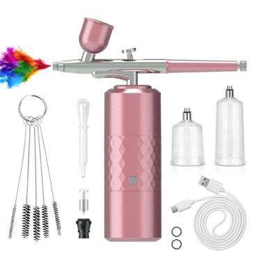 Imagem de Kit de aerógrafo recarregável sem fio, compressor portátil para aerógrafo, escova de ar para pintura de modelo, arte de unhas, decoração de bolo, maquiagem, barbeiro, tatuagem (rosa)