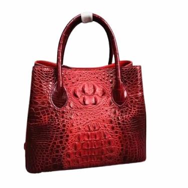 Imagem de Bolsa feminina autêntica de couro de crocodilo feminina de três vias verde bolsa de ombro única feminina de couro de crocodilo genuíno, Vermelho, 30cm(Length) x 24cm(Height) x 12cm(Deep)