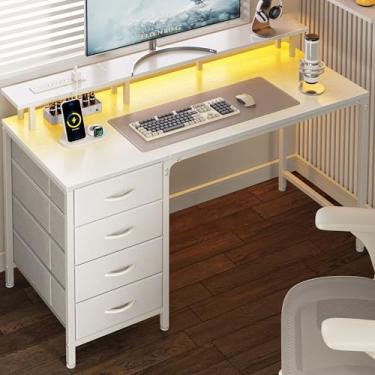 Imagem de Huuger Mesa de computador de 120 cm com tomadas elétricas e luzes LED, mesa de jogos com 4 gavetas, mesa de escritório com suporte para monitor, mesa de estudo para escritório em casa, espaços