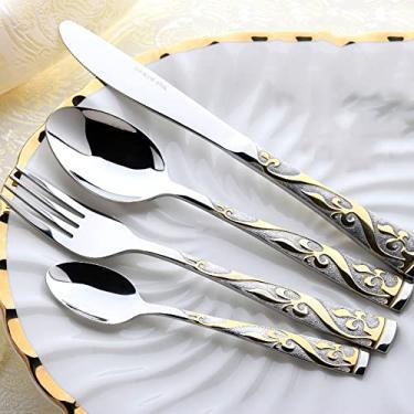 Imagem de Conjunto de talheres para 10 talheres de aço inoxidável de luxo polido, talheres, garfos, colheres e facas, conjunto de louça para casa, cozinha, restaurante, casamento, padrão exclusivo, 40 peças