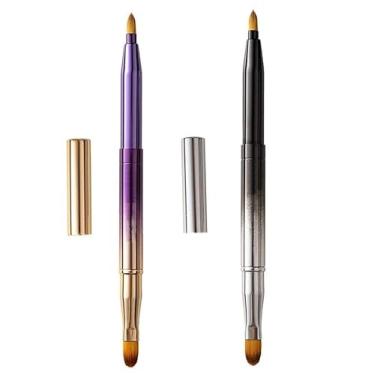 Imagem de DSADKI Pacote com 2 pincéis labiais para batom, pincéis labiais retráteis, delineador de batom retrátil com tampa, pincel de maquiagem de base de ponta dupla para mulheres (roxo graduado e preto