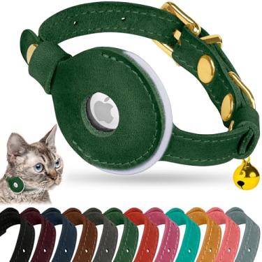 Imagem de OOPSDOGGY Coleira AirTag de couro refletivo para gatos com sino - Coleira ajustável para animais de estimação com suporte para Apple Air Tag - Coleiras leves com GPS para cães pequenos, filhotes,