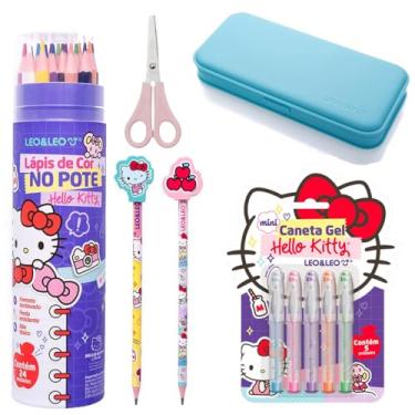 Imagem de Kit Material Escolar Infantil Feminino Meninas Caneta Colorida Lápis de Cor 24 Cores Tesoura Lápis com Borracha na Ponta - Leo e Leo (Azul)