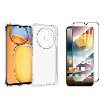 Imagem de Capa Capinha Anti Impacto Choque + Película de Vidro 3d, silicone transparente clear com bordas reforçadas e flexível com efeito cristal Compátivel com Xiaomi Redmi 14c