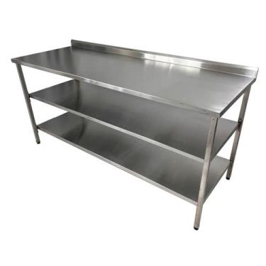 Imagem de Mesa de Aço Inox Industrial 180x60x90 cm com 2 Prateleiras Plano Liso 