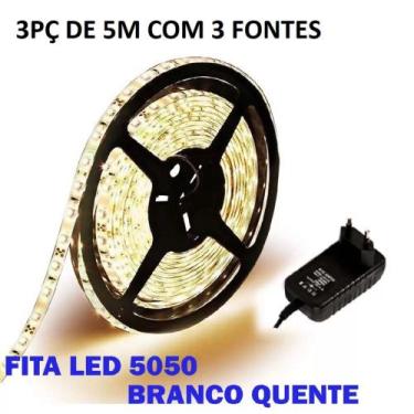 Imagem de Kit 3 Fita Led 5050 Branco Quente 3000k Luz Amarela Bivolt Com Fonte -