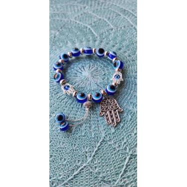 Imagem de pulseira olho grego com pingente mão de hansá fio de silicone - Sem ma