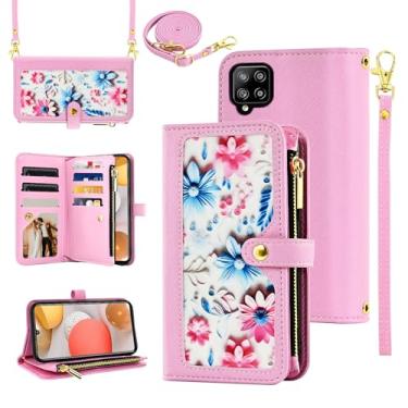 Imagem de Furiet Capa carteira floral para Samsung Galaxy A42 5G com alça de pulso alça de ombro flip bolsa com zíper bolsa de couro PU de luxo suporte de cartão acessórios capa de celular para 42 G5 42A S42 4G