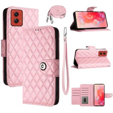 Imagem de Dswteny Capa carteira para Motorola Moto G Stylus 5G 2024 com alça de ombro transversal, padrão Argyle PU couro flip suporte para cartão de crédito capa para celular G5 meninas mulheres rosa
