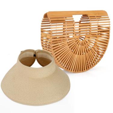 Imagem de Bolsa de bambu feminina natural bolsa de palha dobrável chapéu de palha viseira de sol para mulheres, bolsa de bambu de praia verão ao ar livre, Original