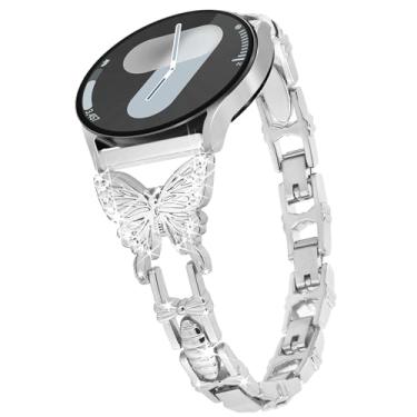 Imagem de G-ficu Pulseira borboleta de 20 mm compatível com Samsung Galaxy Watch 4 Band 40 mm 44 mm, Pulseira feminina Bling Diamond Slim Band, Pulseira de metal fofa para relógio 4 Classic 42 mm 46 mm/Relógio 3 41 mm/Gear S2/Active 2 (Prata)