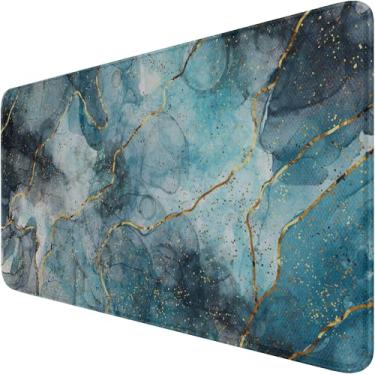 Imagem de Mouse pad grande para jogos com bordas costuradas, (80 x 30 cm) base de borracha natural antiderrapante durável, tapete de teclado de computador à prova d'água para profissionais de esportes/jogadores/desktop/escritório/casa - azul mármore