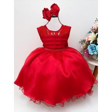 Imagem de Vestido infantil vermelho com renda cinto pérolas princesas - giovanel