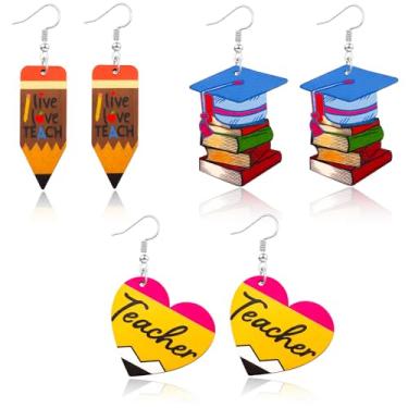 Imagem de yfstyle Brincos fofos para professores, lápis coloridos, livros de maçã, brincos de madeira para professores, presentes divertidos para professores, presentes de volta às aulas, Metal, Sem pedra