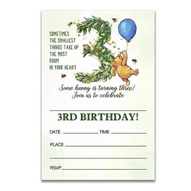 Imagem de Dolimifa Winnie the Pooh 3rd Birthday Invitations Fill in Style Greenery Ursinho Pooh Balão azul Little Hunny Bear Winnie Convites de terceiro aniversário para crianças de 3 anos, 20 unidades com