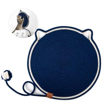 Imagem de VAGRSS Tapete arranhador para gatos, 45 cm, grande, de algodão natural, tapete para arranhar o chão com bola, protetor de móveis para gatos, para parede, sofá, tapetes azul marinho